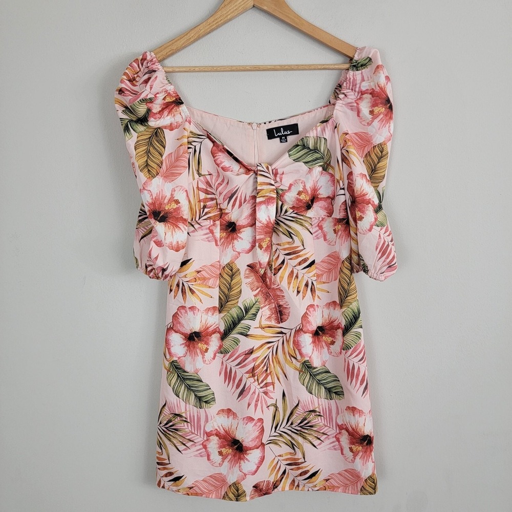Lulus Zaliki Pink Tropical Print Tie-Front Puff Sleeve Mini DressWomens Size M